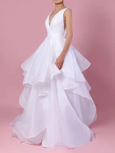 Ball Gown/Princess V-neck Organza Sweep Train Wedding Dresses With Cascading Ruffles #UKM00023222