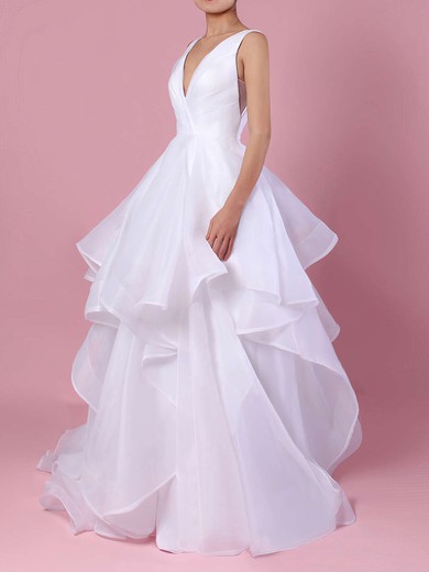 Organza V-neck Ball Gown Sweep Train Ruffles Wedding Dresses #UKM00023222