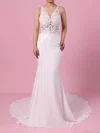 Trumpet/Mermaid V-neck Chiffon Sweep Train Wedding Dresses With Appliques Lace #UKM00023232