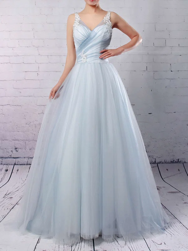 Ball Gown V-neck Tulle Sweep Train Wedding Dresses With Appliques Lace #UKM00023241