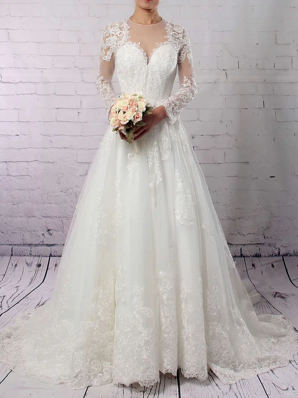 Ball Gown Illusion Tulle Sweep Train Wedding Dresses With Appliques Lace #UKM00023286