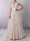 Ball Gown V-neck Tulle Floor-length Wedding Dresses With Appliques Lace #UKM00023122