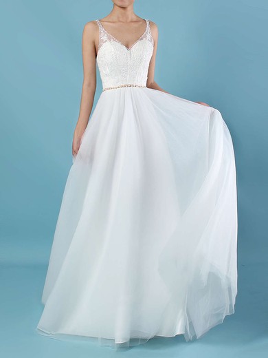 A-line V-neck Tulle Sweep Train Wedding Dresses With Beading #UKM00023124