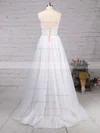 Tulle V-neck A-line Sweep Train Beading Wedding Dresses #UKM00023124