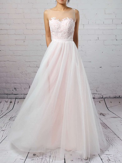 Tulle Scoop Neck A-line Sweep Train Appliques Lace Wedding Dresses #UKM00023126