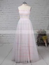 Tulle Scoop Neck A-line Sweep Train Appliques Lace Wedding Dresses #UKM00023126