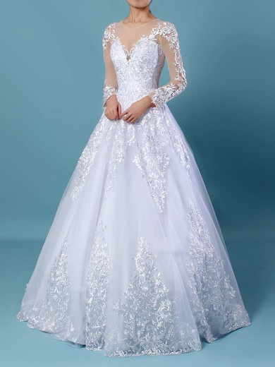 Ball Gown Illusion Tulle Sweep Train Wedding Dresses With Appliques Lace #UKM00023141