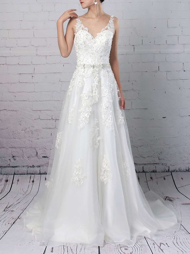 Ball Gown V-neck Tulle Court Train Wedding Dresses With Beading #UKM00023147