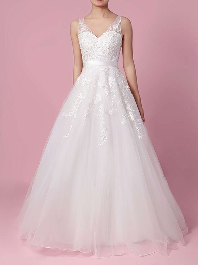 Tulle V-neck A-line Sweep Train Beading Wedding Dresses #UKM00023164