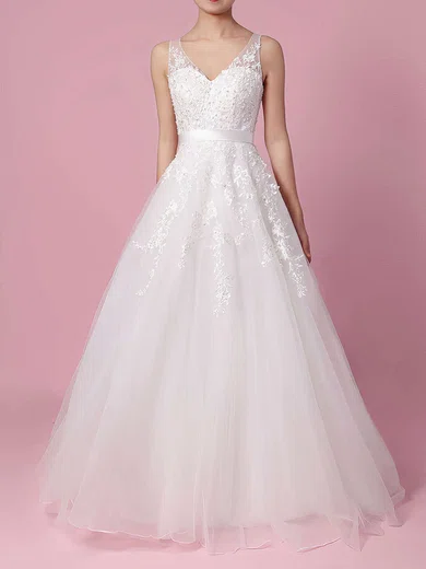 Ball Gown/Princess V-neck Tulle Sweep Train Wedding Dresses With Beading #UKM00023164