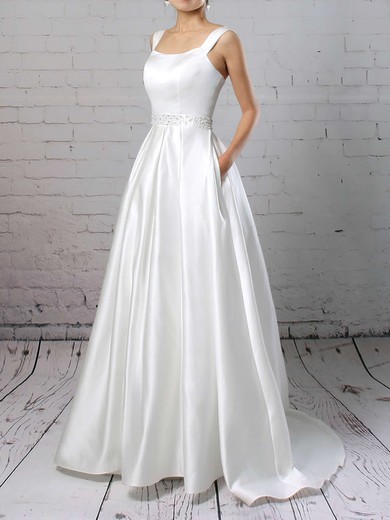 Ball Gown Square Neckline Satin Sweep Train Wedding Dresses With Pockets #UKM00023171