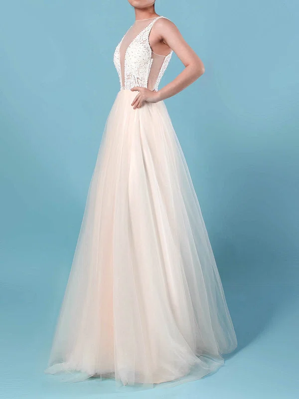 Ball Gown Illusion Tulle Sweep Train Wedding Dresses With Beading #UKM00023182