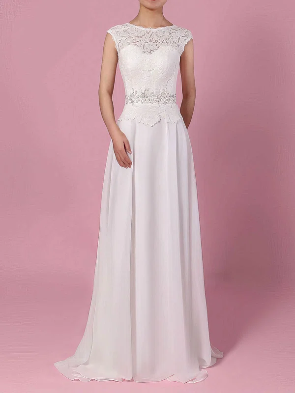 A-line Illusion Lace Chiffon Sweep Train Wedding Dresses With Beading #UKM00023197