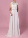 Lace Chiffon Scoop Neck A-line Sweep Train Beading Wedding Dresses #UKM00023197