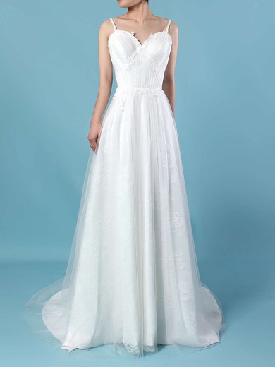 Tulle Lace V-neck A-line Sweep Train Appliques Lace Wedding Dresses #UKM00023211