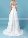 Tulle Lace V-neck A-line Sweep Train Appliques Lace Wedding Dresses #UKM00023211