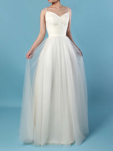 A-line V-neck Tulle Floor-length Wedding Dresses With Ruffles #UKM00023214