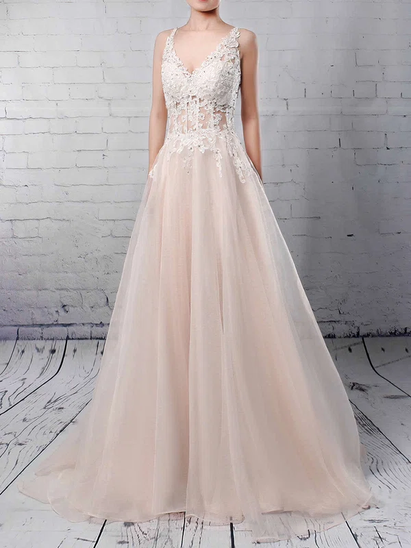 Tulle V-neck Ball Gown Sweep Train Appliques Lace Wedding Dresses #UKM00023220