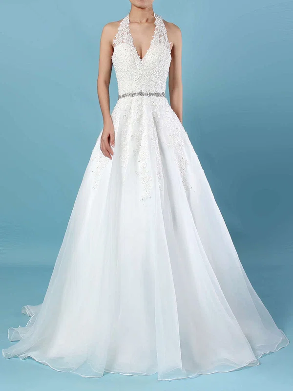 Tulle Halter Ball Gown Sweep Train Beading Wedding Dresses #UKM00023223