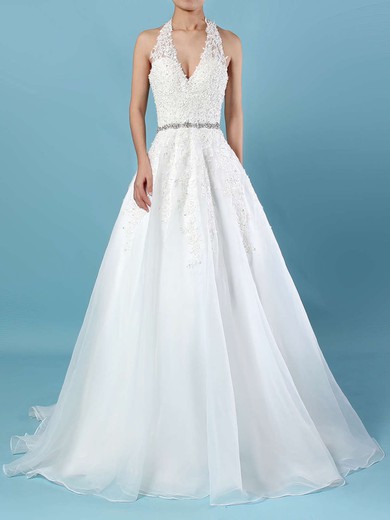 Ball Gown Halter Tulle Sweep Train Wedding Dresses With Beading #UKM00023223