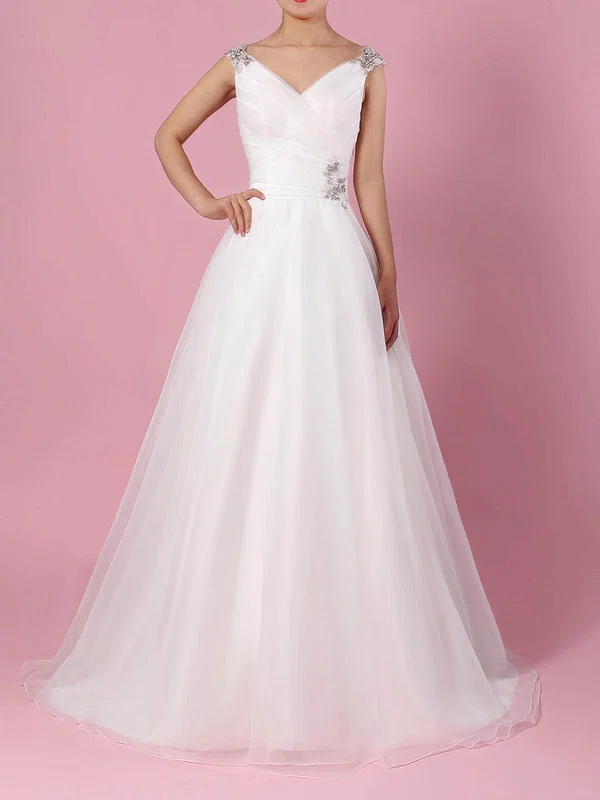 Ball Gown V-neck Tulle Sweep Train Wedding Dresses With Beading #UKM00023237