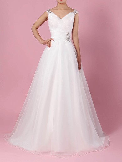 Organza Tulle V-neck Ball Gown Sweep Train Beading Wedding Dresses #UKM00023237