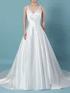 Satin Tulle V-neck Ball Gown Sweep Train Beading Wedding Dresses #UKM00023239