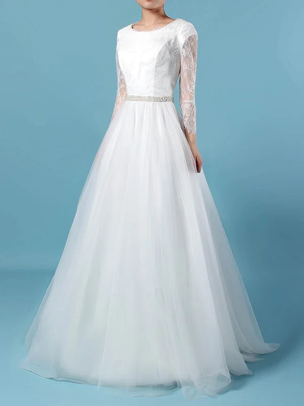 Ball Gown Scoop Neck Lace Tulle Sweep Train Wedding Dresses With Beading #UKM00023246