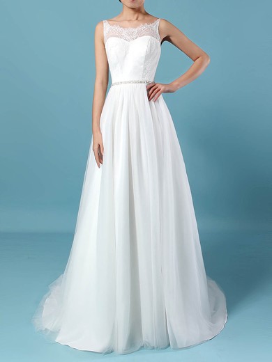 Lace Tulle Scoop Neck Princess Sweep Train Beading Wedding Dresses #UKM00023247