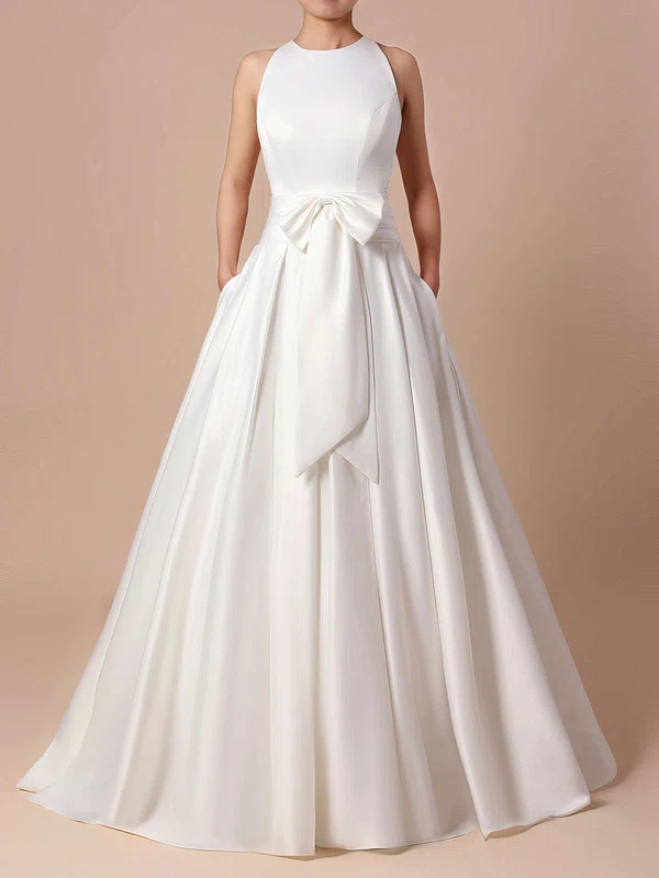 Ball Gown Scoop Neck Satin Sweep Train Wedding Dresses With Pockets #UKM00023255