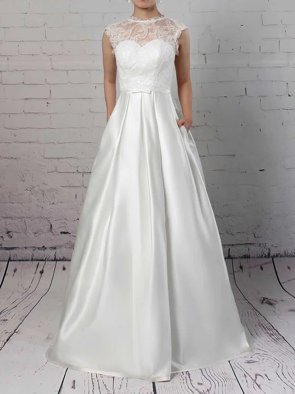 Ball Gown Illusion Satin Lace Sweep Train Wedding Dresses With Pockets #UKM00023263