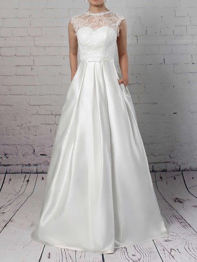 Lace Satin Scoop Neck Ball Gown Sweep Train Pockets Wedding Dresses #UKM00023263
