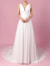 A-line V-neck Chiffon Sweep Train Wedding Dresses With Beading #UKM00023289