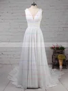 Chiffon V-neck A-line Sweep Train Beading Wedding Dresses #UKM00023289