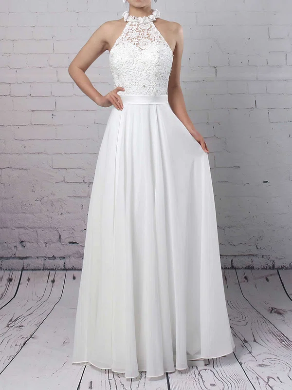 A-line High Neck Lace Chiffon Floor-length Wedding Dresses With Sequins #UKM00023296