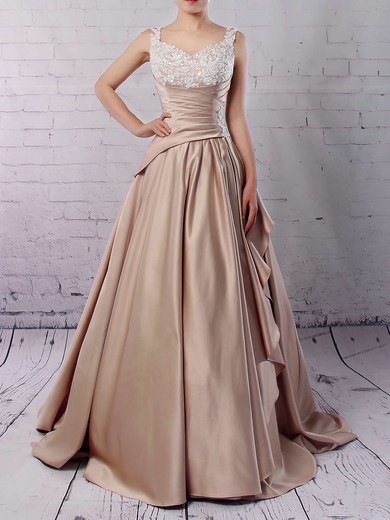 Satin V-neck Ball Gown Sweep Train Appliques Lace Wedding Dresses #UKM00023307
