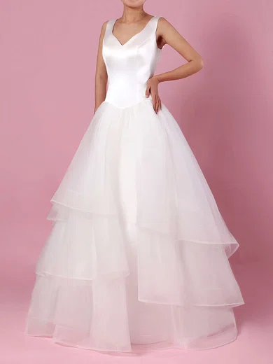 Ball Gown/Princess V-neck Satin Tulle Sweep Train Wedding Dresses With Tiered #UKM00023312