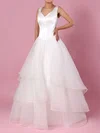 Ball Gown V-neck Satin Tulle Sweep Train Wedding Dresses With Tiered #UKM00023312