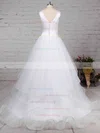 Satin Tulle V-neck Ball Gown Sweep Train Tiered Wedding Dresses #UKM00023312
