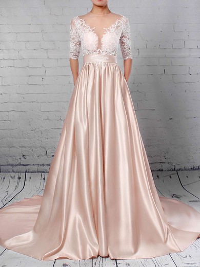 Satin Tulle Scoop Neck Ball Gown Sweep Train Appliques Lace Wedding Dresses #UKM00023314