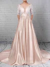 Ball Gown Illusion Satin Sweep Train Wedding Dresses With Pockets #UKM00023314