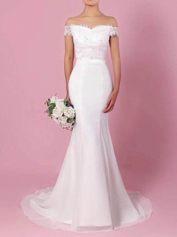 Trumpet/Mermaid Off-the-shoulder Chiffon Sweep Train Wedding Dresses With Appliques Lace #UKM00023358