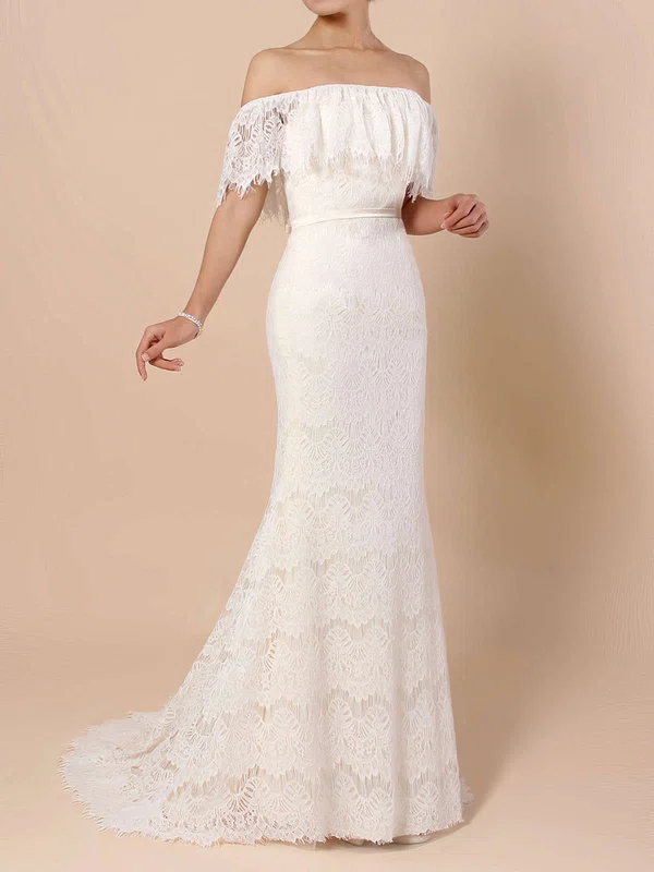 Trumpet/Mermaid Off-the-shoulder Lace Sweep Train Wedding Dresses With Sashes / Ribbons #UKM00023361