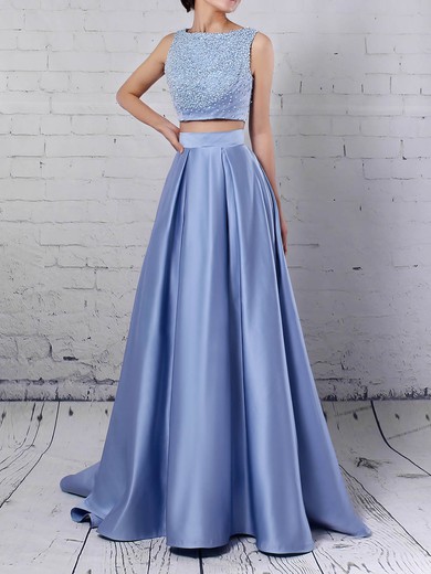 Princess Scoop Neck Satin Floor-length Pockets Prom Dresses #UKM020105049