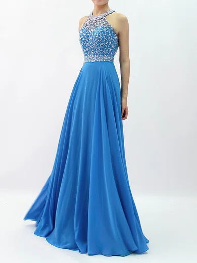 A-line Scoop Neck Chiffon Sweep Train Beading Prom Dresses #UKM020105056