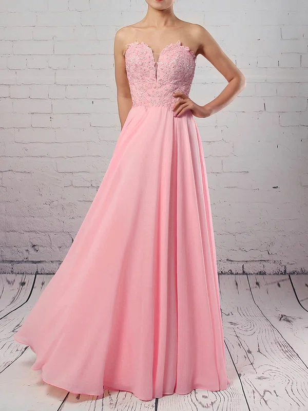A-line Sweetheart Chiffon Floor-length Appliques Lace Prom Dresses #UKM020105072