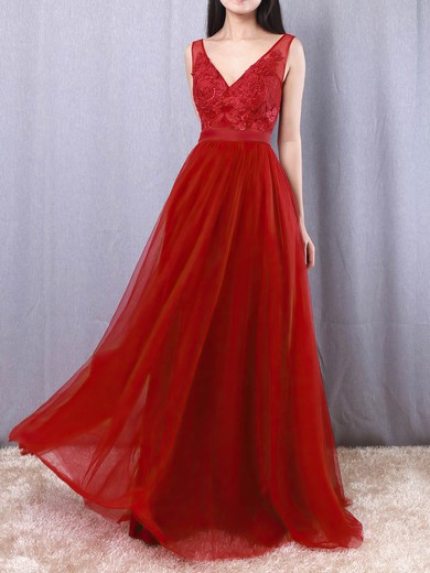 A-line V-neck Tulle Floor-length Appliques Lace Prom Dresses #UKM020105082