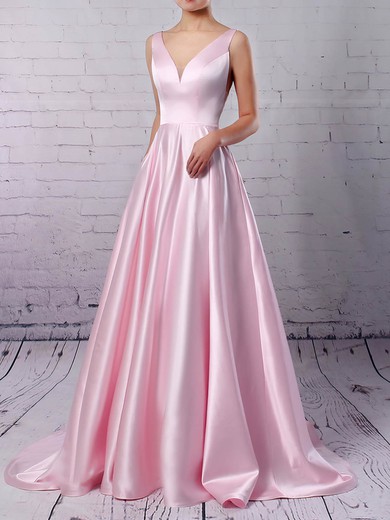 Princess V-neck Satin Sweep Train Pockets Prom Dresses #UKM020105849