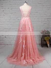 Princess Scoop Neck Lace Tulle Sweep Train Beading Prom Dresses #UKM020105890