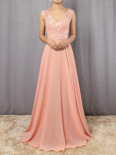A-line V-neck Chiffon Floor-length Appliques Lace Prom Dresses #UKM020105892
